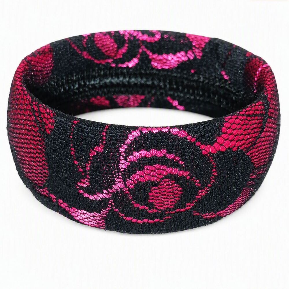 VTG Style Romantic Gothic Black Floral Lace Wide Cuff Bangle Bracelet 8"